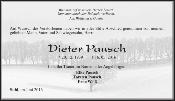 Traueranzeige von Dieter Pausch von Südthüringer Presse