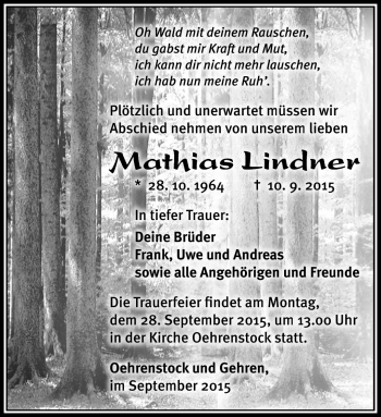 Traueranzeige von Mathias Lindner von Südthüringer Presse