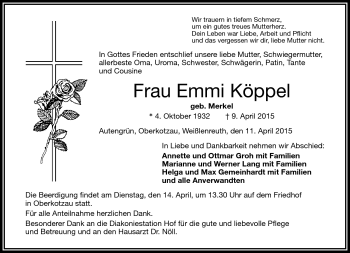 Traueranzeige von Emmi Köppel von Frankenpost