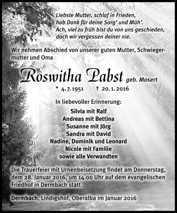 Traueranzeige von Roswitha Pabst von Südthüringer Presse