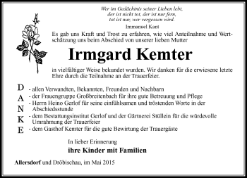 Traueranzeige von Irmgard Kemter von Südthüringer Presse