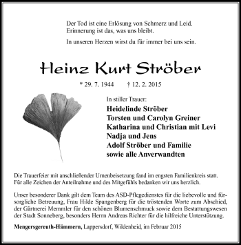 Traueranzeige von Heinz Kurt Ströber von Südthüringer Presse