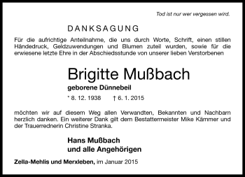Traueranzeige von Brigitte Mußbach von Südthüringer Presse