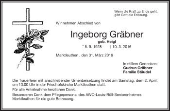 Traueranzeige von Ingeborg Gräbner von Frankenpost