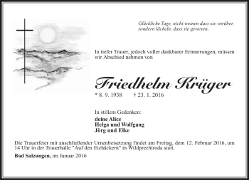 Traueranzeige von Friedhelm Krüger Krüger von Südthüringer Presse