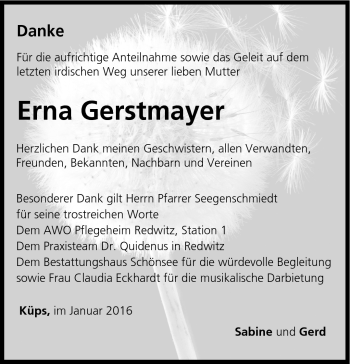 Traueranzeige von Erna Gerstmayer von Neue Presse Coburg