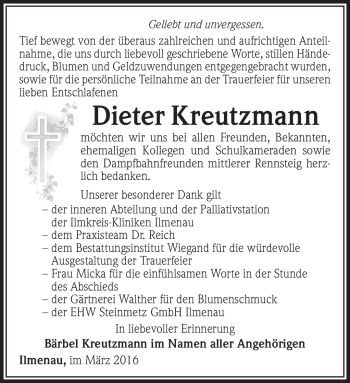 Traueranzeige von Dieter Kreutzmann von Südthüringer Presse