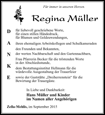 Traueranzeige von Regina Müller von Südthüringer Presse