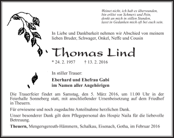 Traueranzeige von Thomas Lind von Südthüringer Presse