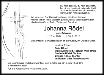 Traueranzeige von Johanna Rödel von Frankenpost