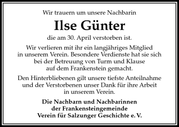 Traueranzeige von Ilse Günter von Südthüringer Presse