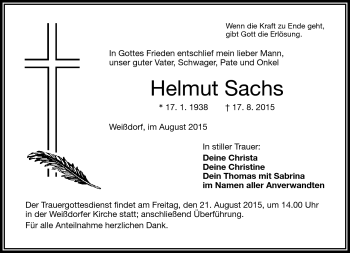 Traueranzeige von Helmut Sachs von Frankenpost
