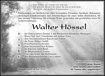 Traueranzeige von Walter Hössel von Südthüringer Presse