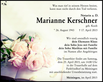 Traueranzeige von Marianne Kerschner von Südthüringer Presse