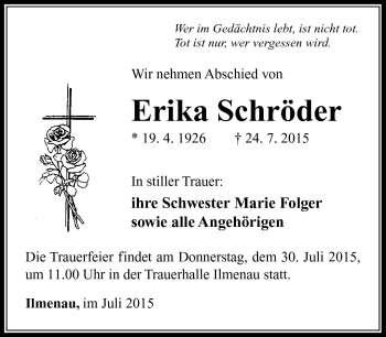 Traueranzeige von Erika Schröder von Südthüringer Presse