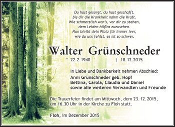 Traueranzeige von Walter Grünschneder von Südthüringer Presse