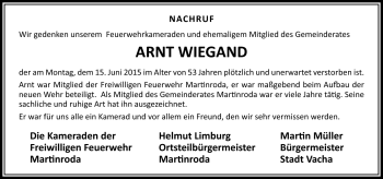 Traueranzeige von Arnt Wiegand von Südthüringer Presse