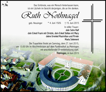 Traueranzeige von Ruth Nothnagel von Südthüringer Presse