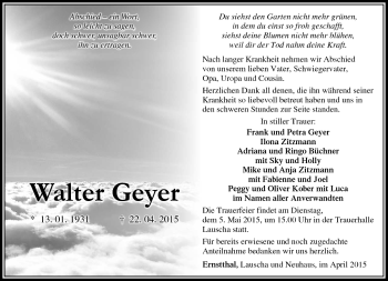 Traueranzeige von Walter Geyer von Südthüringer Presse