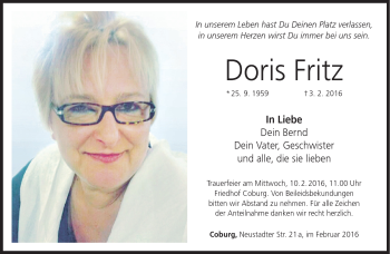 Traueranzeige von Doris Fritz von Neue Presse Coburg