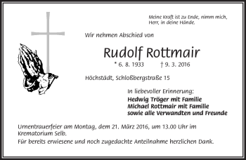 Traueranzeige von Rudolf Rottmair von Frankenpost
