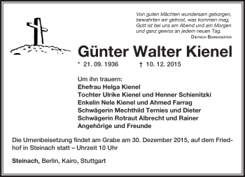 Traueranzeige von Günter Kienel von Südthüringer Presse