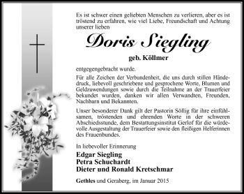Traueranzeige von Doris Siegling von Südthüringer Presse
