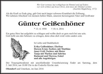 Traueranzeige von Günter Geißenhöhner von Südthüringer Presse