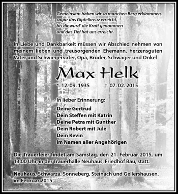 Traueranzeige von Max Helk von Südthüringer Presse
