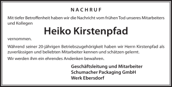 Traueranzeige von Heiko Kirstenpfad von Neue Presse Coburg