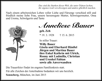 Traueranzeige von Anneliese Bauer von Südthüringer Presse