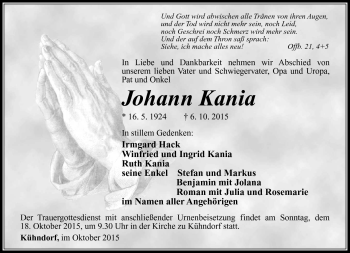 Traueranzeige von Johann Kania von Südthüringer Presse