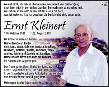 Traueranzeige von Ernst Kleinert von Südthüringer Presse