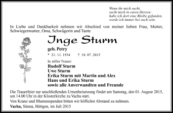 Traueranzeige von Inge Sturm von Südthüringer Presse