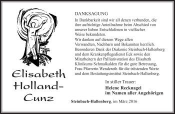 Traueranzeige von Elisabeth Holland-Cunz von Südthüringer Presse