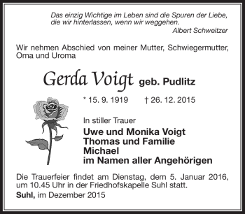 Traueranzeige von Gerda Voigt von Südthüringer Presse