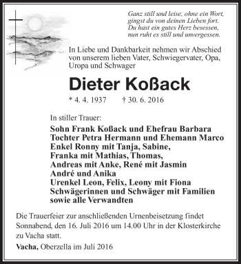 Traueranzeige von Dieter Koßack von Südthüringer Presse