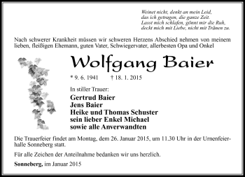 Traueranzeige von Wolfang Baier von Südthüringer Presse