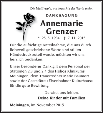 Traueranzeige von Annemarie Grenzer von Südthüringer Presse