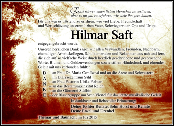 Traueranzeige von Hilmar Saft von Südthüringer Presse