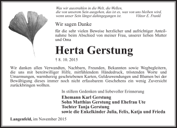 Traueranzeige von Herta Gerstung von Südthüringer Presse