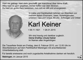 Traueranzeige von Karl Keiner von Südthüringer Presse