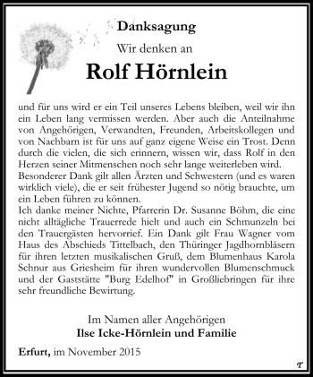 Traueranzeige von Rolf Hörnlein von Südthüringer Presse