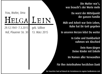 Traueranzeige von Helga Lein von Frankenpost