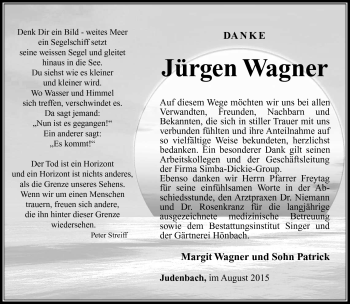 Traueranzeige von Jürgen Wagner von Südthüringer Presse