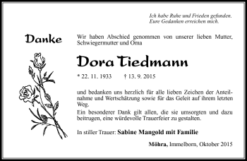 Traueranzeige von Dora Tiedmann von Südthüringer Presse