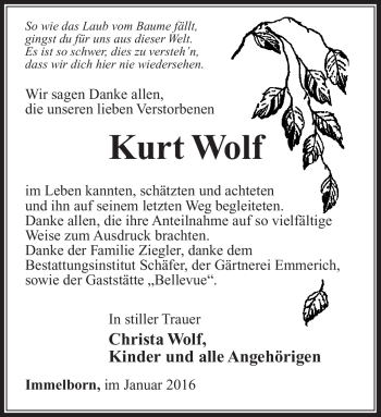 Traueranzeige von Kurt Wolf von Südthüringer Presse