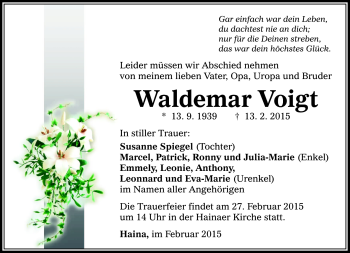 Traueranzeige von Waldemar Voigt von Südthüringer Presse