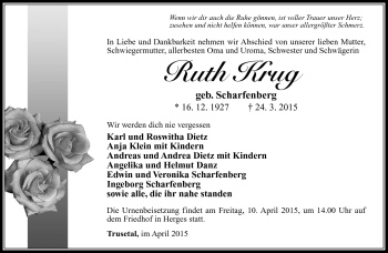 Traueranzeige von Ruth Krug von Südthüringer Presse