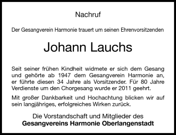 Traueranzeige von Johann Lauchs von Neue Presse Coburg